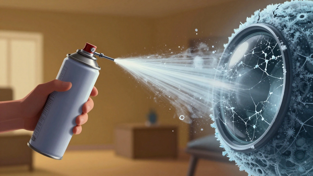 Illustration of liquid propellant from a tilted air can causing frost damage to a lens