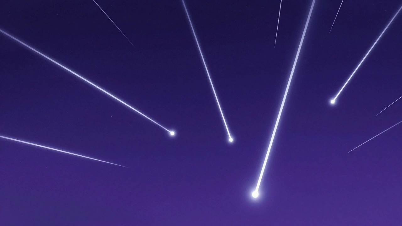 Illustration of meteors radiating from a single point in the sky with some sporadic streaks.