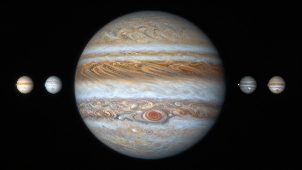 Jupiter with its distinct cloud belts and four small Galilean moons aligned in space