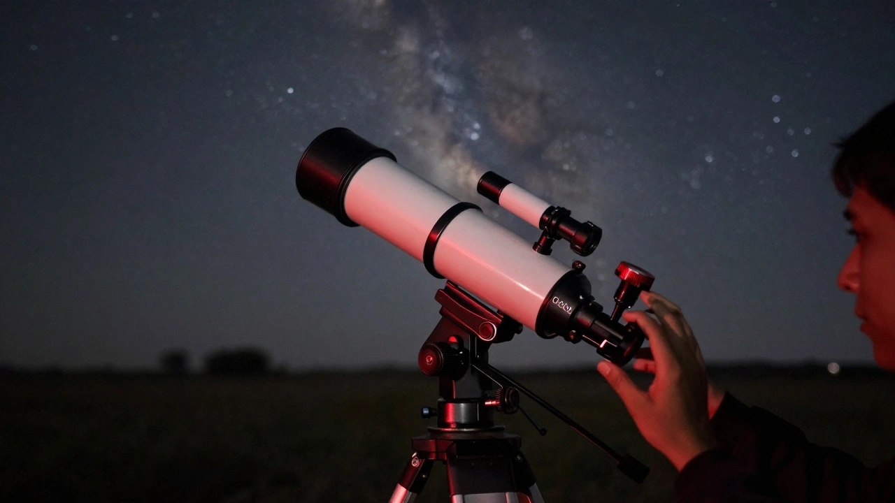 Person adjusting a telescope's finder scope to locate a faint grey galaxy in the night sky
