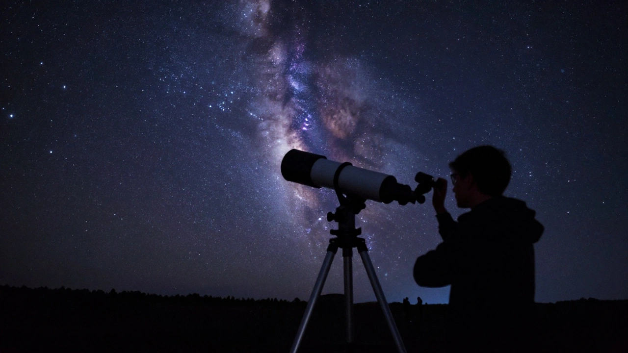 Person using a telescope to view the wide expanse of the Orion Nebula under a starry sky.