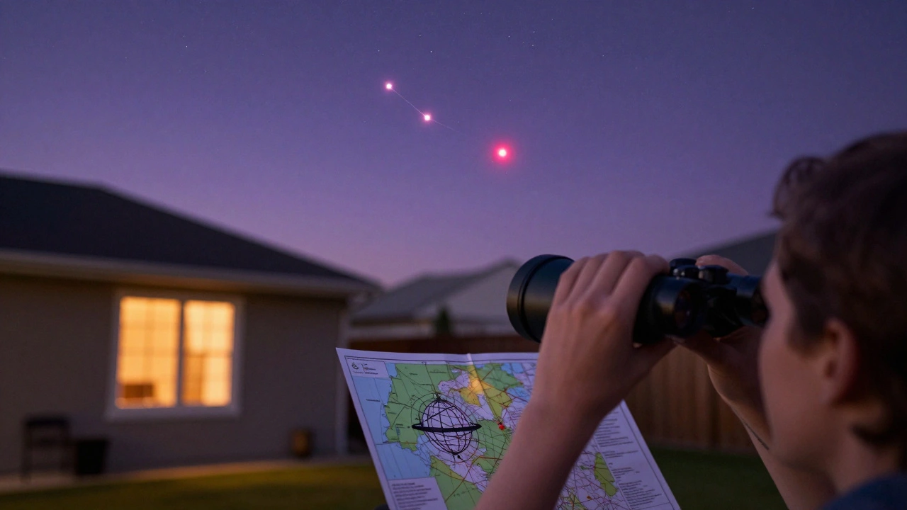 Person using binoculars and a star map to find Betelgeuse in the night sky