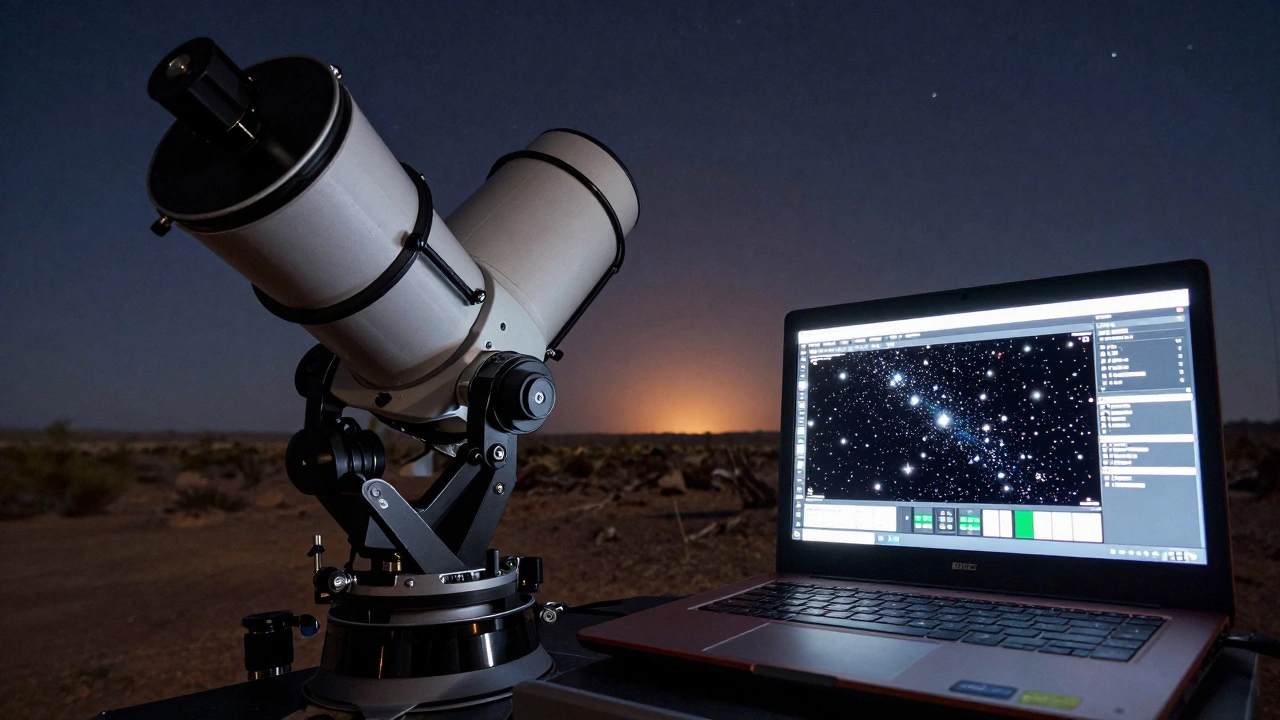 Professional telescope and laptop running Stellarium Desktop in a remote desert