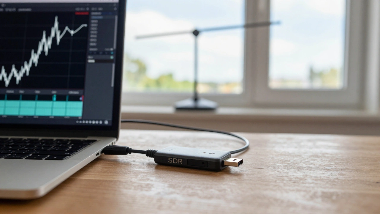 SDR USB dongle and laptop showing meteor signal pings on a waterfall plot