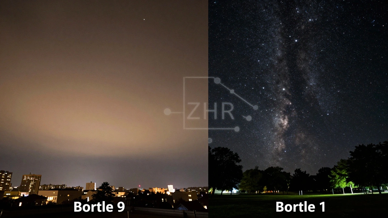 Split screen showing a light-polluted city sky versus a perfectly dark starry sky.