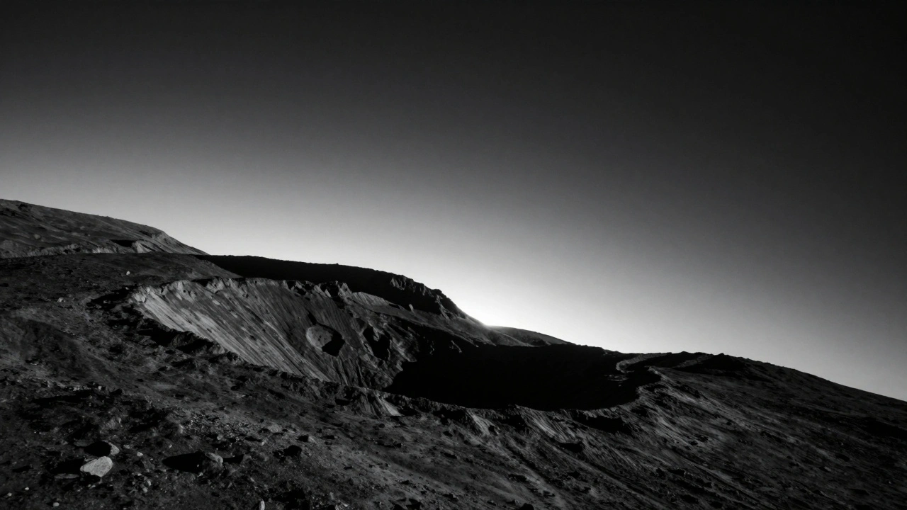 Telescope view of moon terminator line with long shadows defining craters.