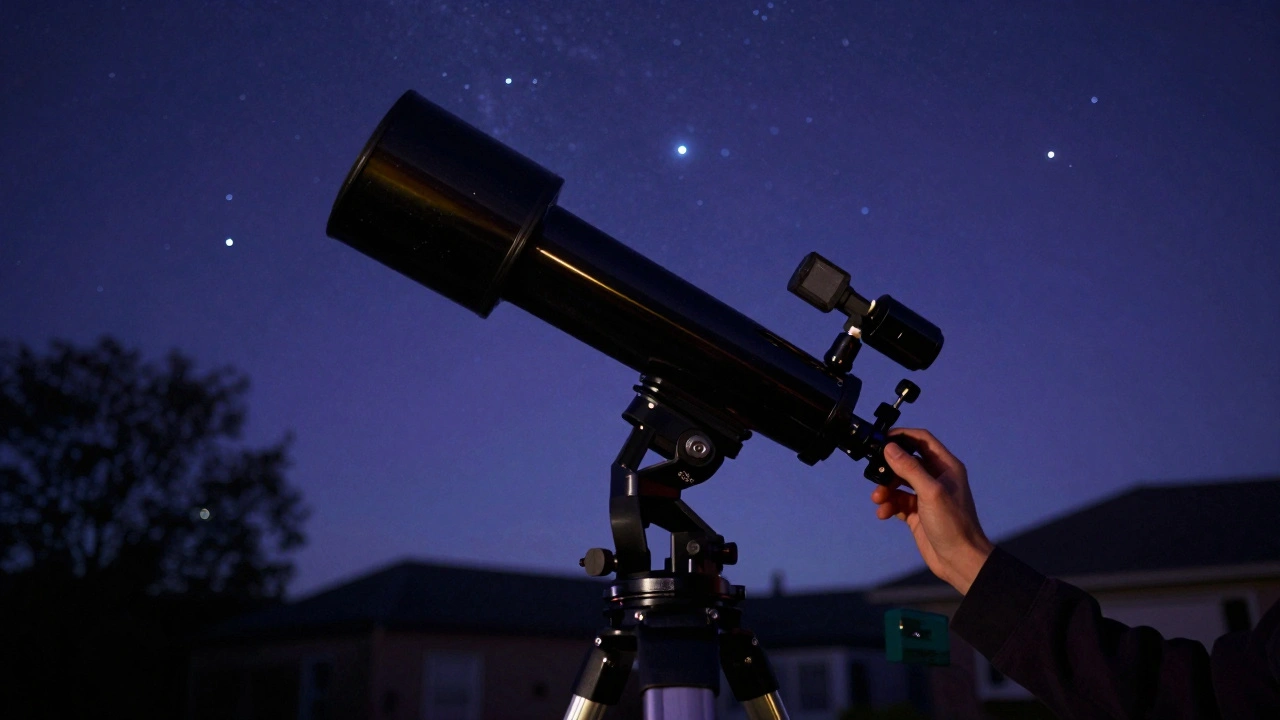 Astronomer adjusting a Crayford focuser on a Dobsonian telescope at night