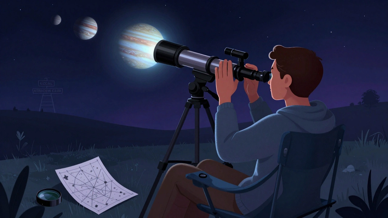 Astronomer observing Jupiter with star charts and upgrades nearby