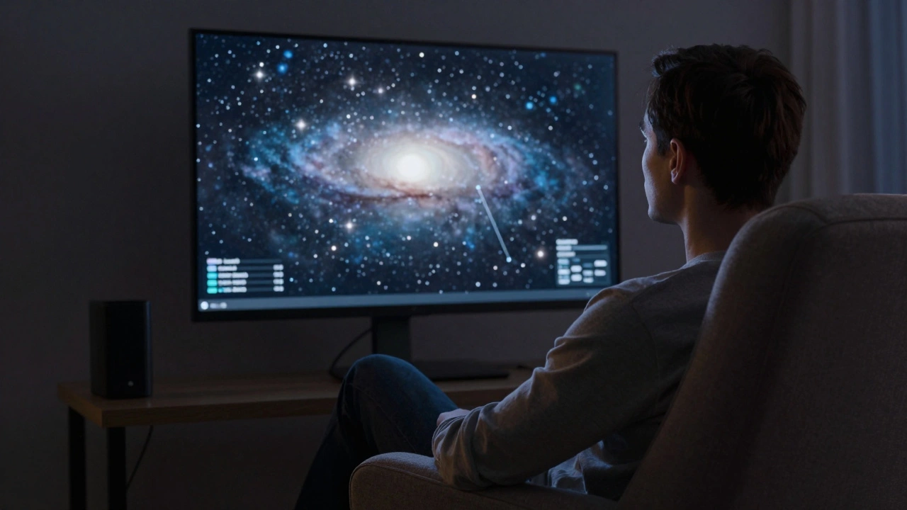 Astronomer using averted vision technique on a dark computer screen.