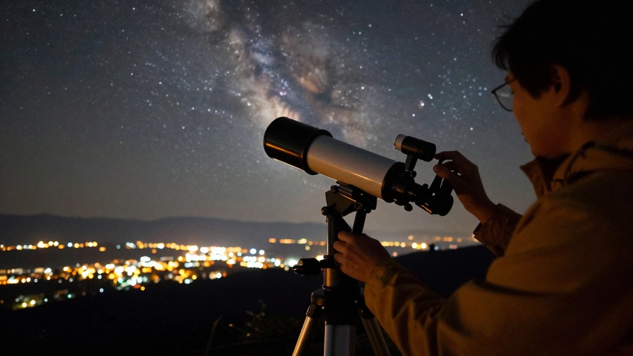 Astronomer using filters to view stars above a dimly lit town