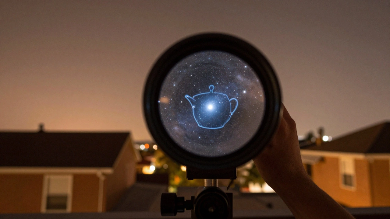 Astronomer viewing the Teapot asterism in Sagittarius through a telescope from a suburban rooftop.