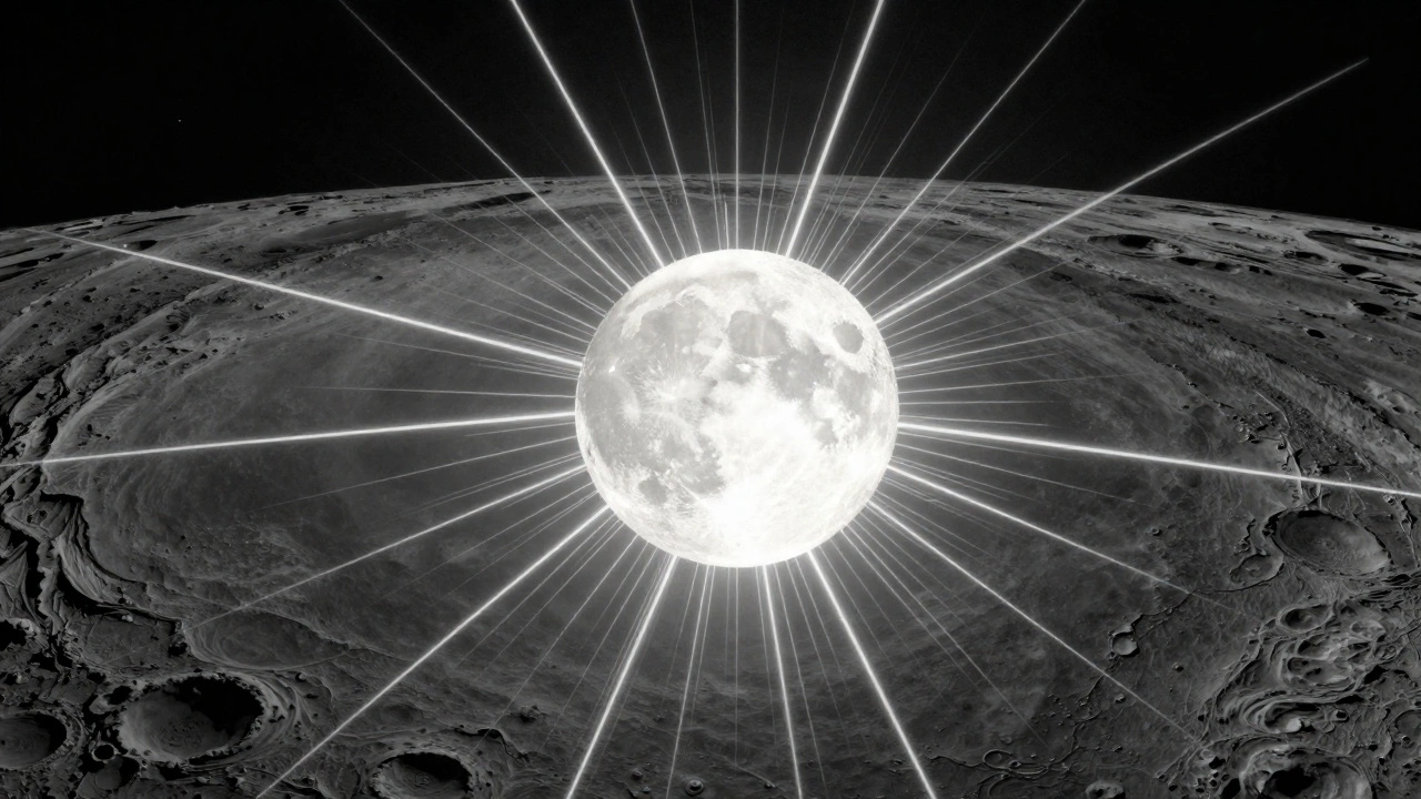 Bright white ray systems radiating from a young lunar crater against dark maria