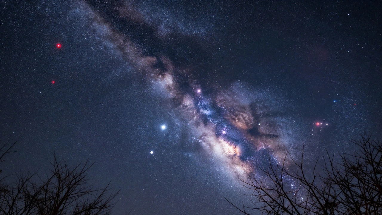 Bright winter constellations Orion and Taurus above silhouetted trees