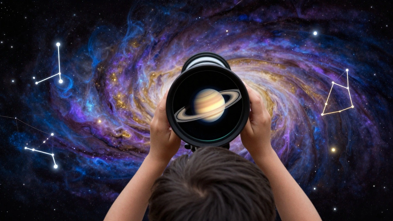 Child viewing Saturn through a telescope with glowing constellations in the background