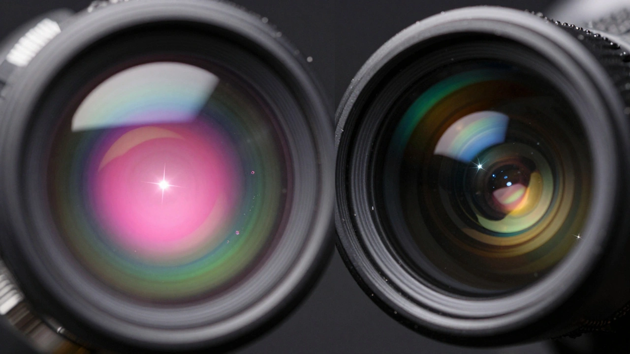 Close-up comparison of cheap telescope lens with rainbow halos versus a sharp, clear high-quality lens.