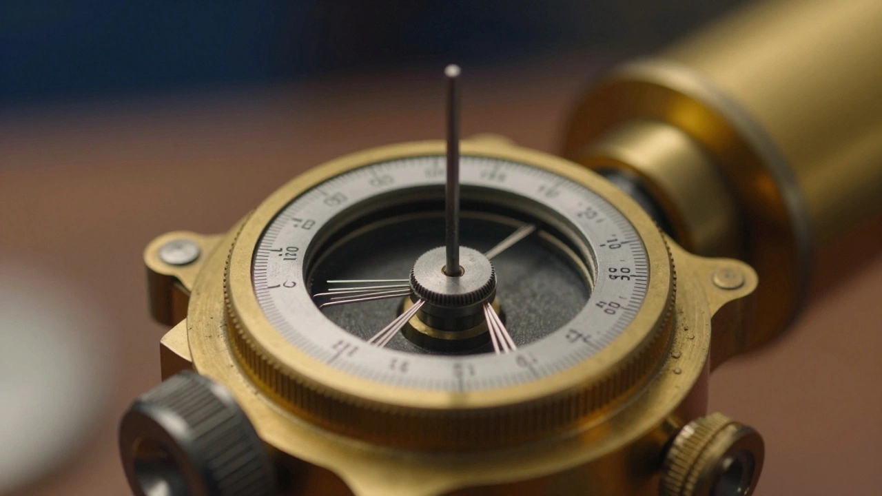 Close-up of a filament micrometer eyepiece with fine wires and degree markings.