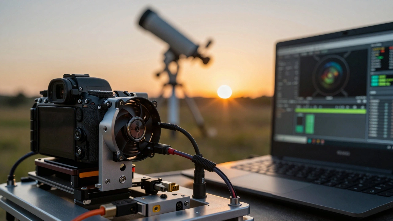 Close-up of astrophotography camera and mount hardware connected for automated night imaging
