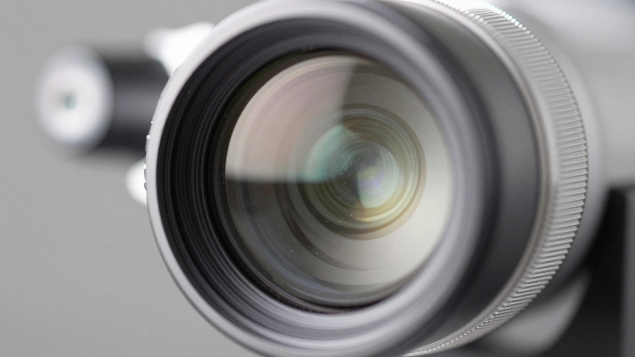 Close-up of telescope lens showing optical defects under bright inspection light
