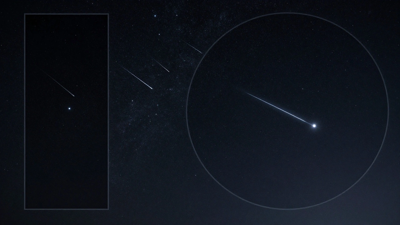 Comparison graphic showing narrow telescope view vs wide naked-eye meteor view