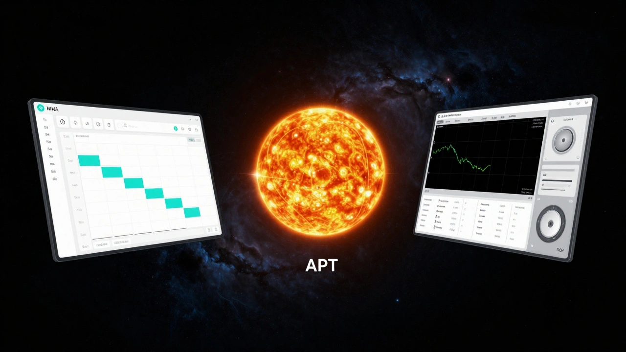 Conceptual comparison of NINA, APT, and SGP software interfaces against a nebula background