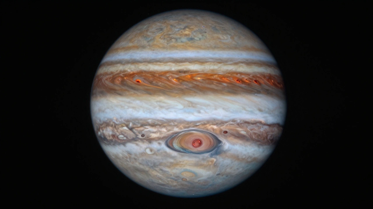 Detailed view of Jupiter and its moons through a telescope
