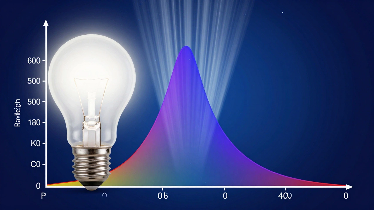 Diagram showing LED blue light spectrum spike causing atmospheric scattering