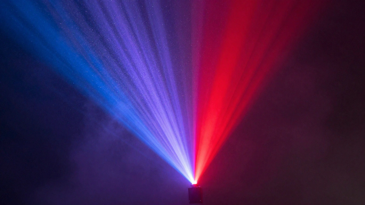 Diagram showing red light penetrating haze while blue light scatters