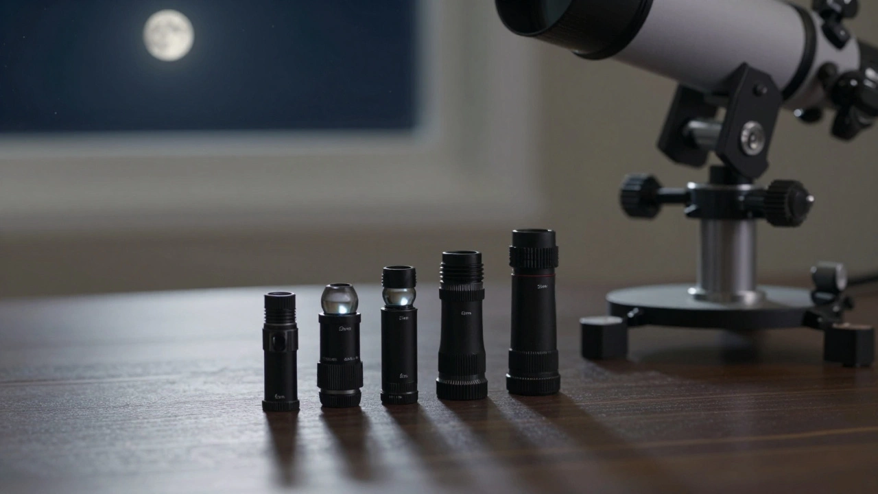 Eyepieces and sturdy mount under moonlight for stargazing