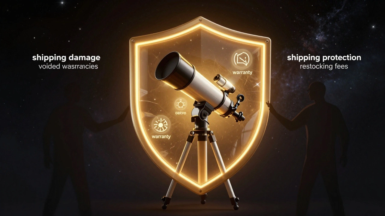 Golden shield protecting a telescope from risks like shipping damage and voided warranties