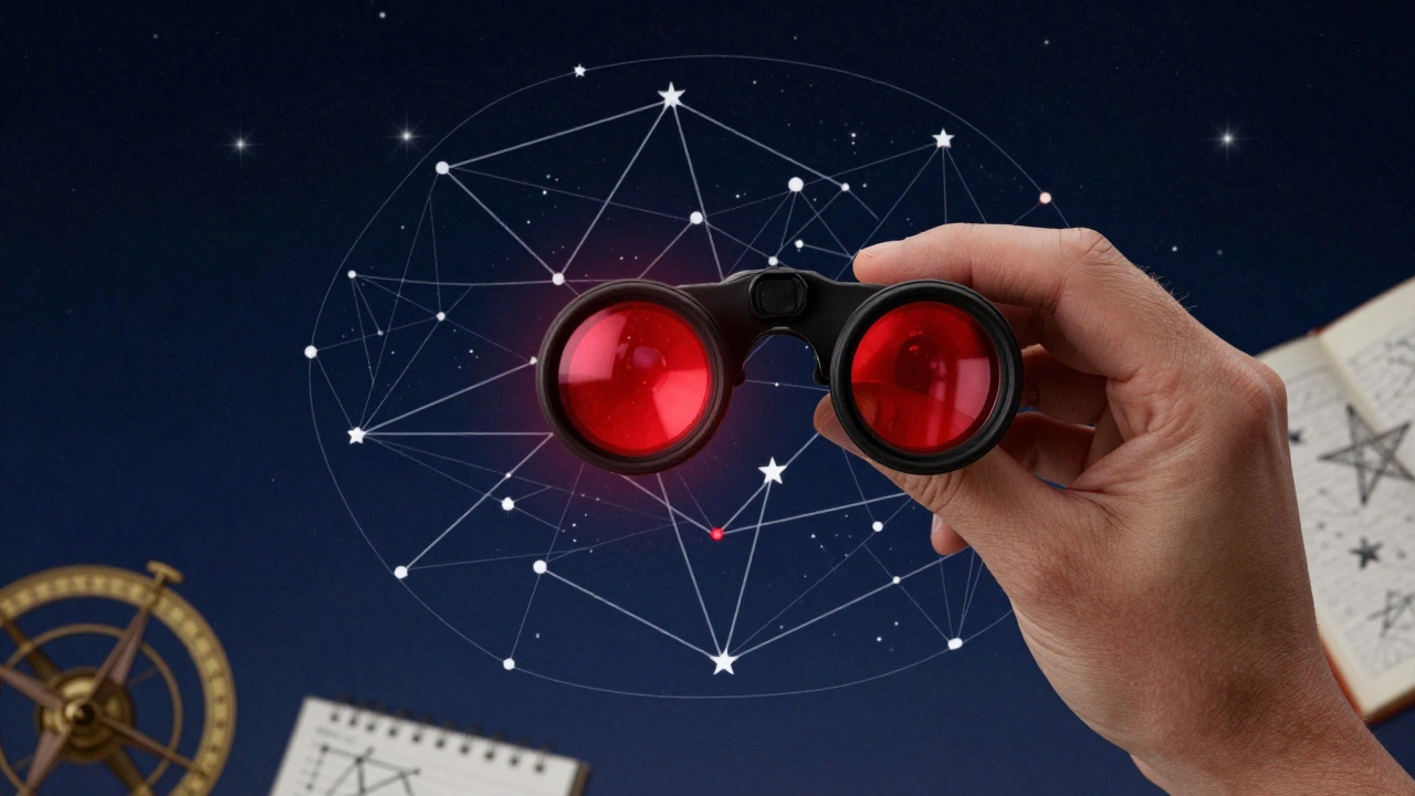 Hand holding a red-filtered eyepiece over a star chart showing geometric asterism patterns.