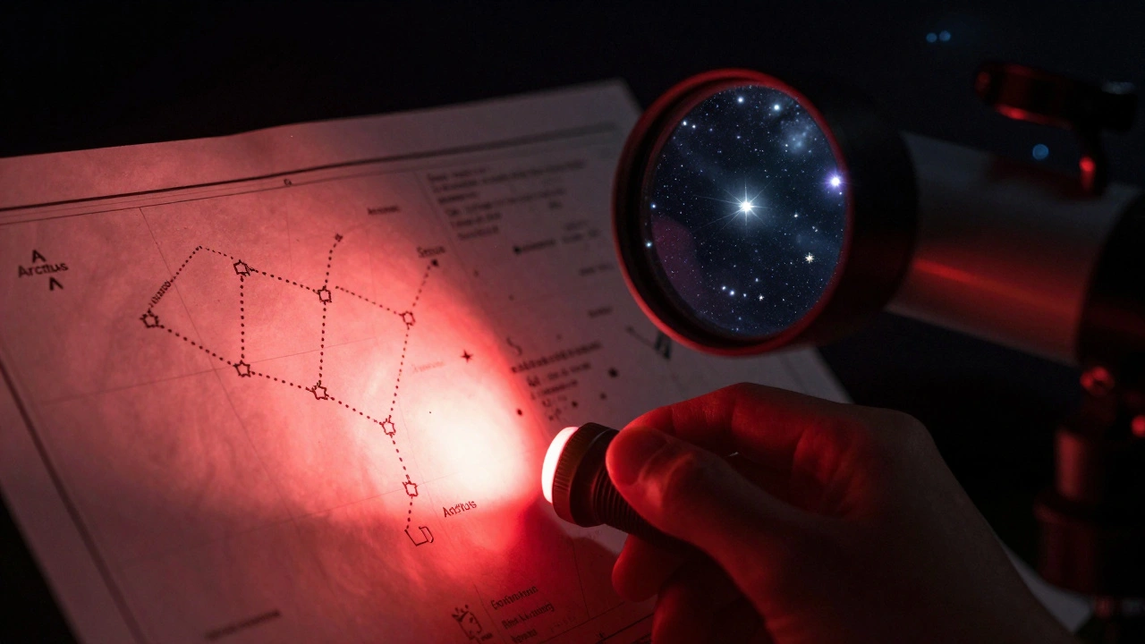 Hand holding a star chart lit by red light, showing constellation paths for navigation