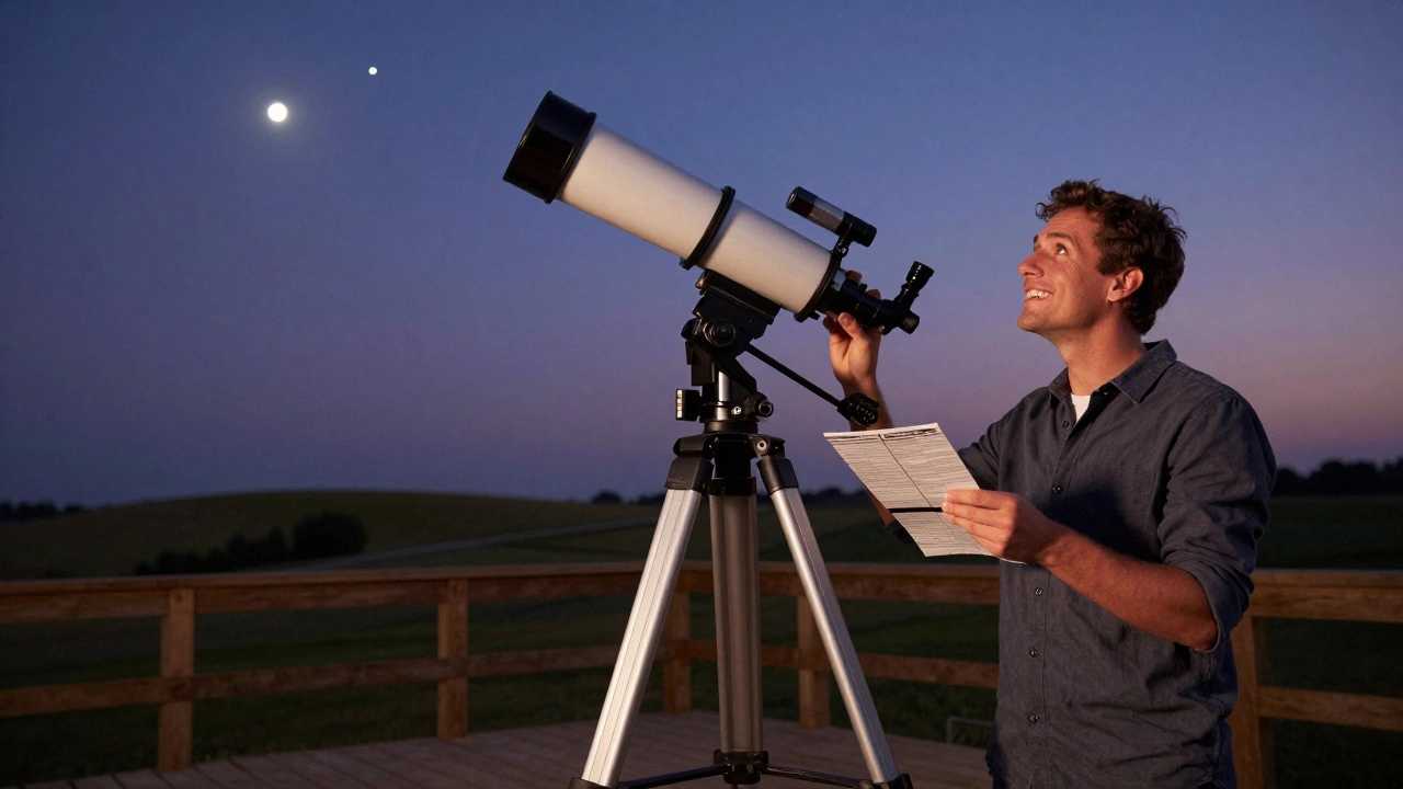 Happy astronomer setting up a sturdy Dobsonian telescope on a hill as twilight turns to night.