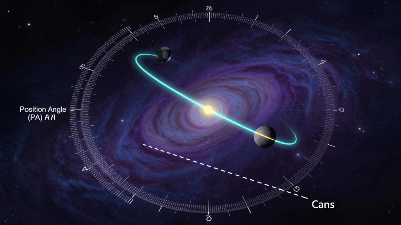 Illustration of binary stars with overlaid position angle and separation data graphics.