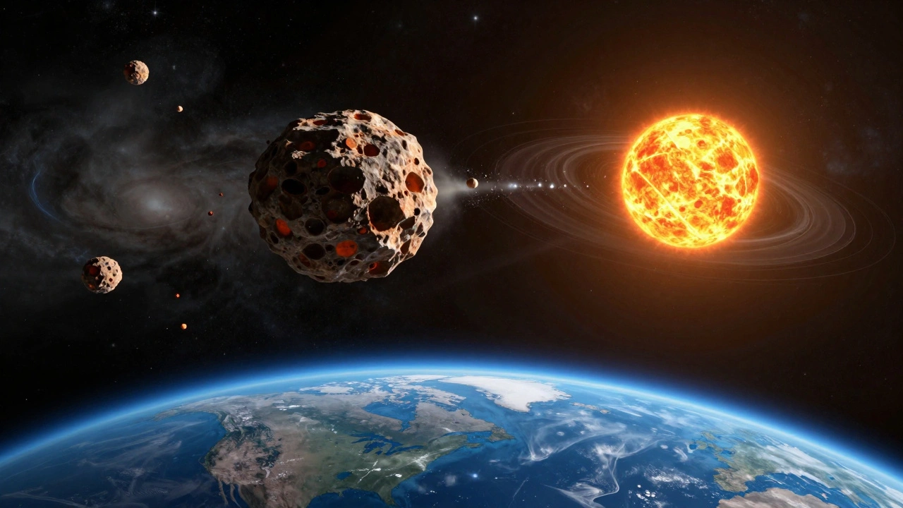 Illustration showing asteroid 3200 Phaethon shedding debris that creates meteors upon hitting Earth.