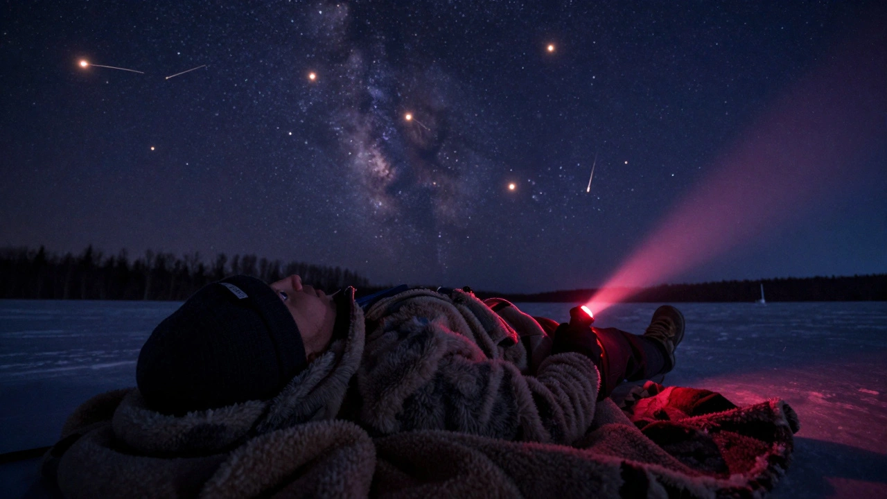 Observer bundled in winter gear watching bright fireballs streak across the dark night sky.