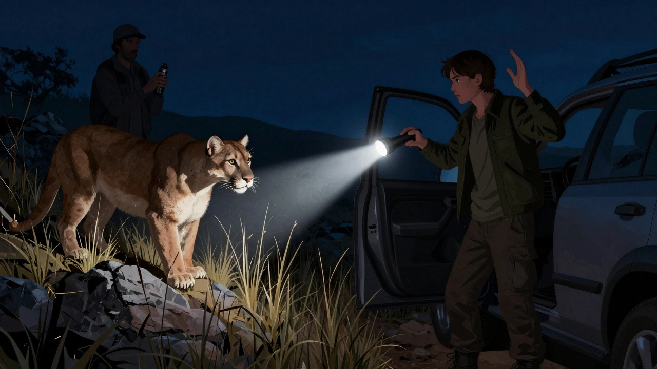 Person using flashlight to observe mountain lion in tall grass near car at night