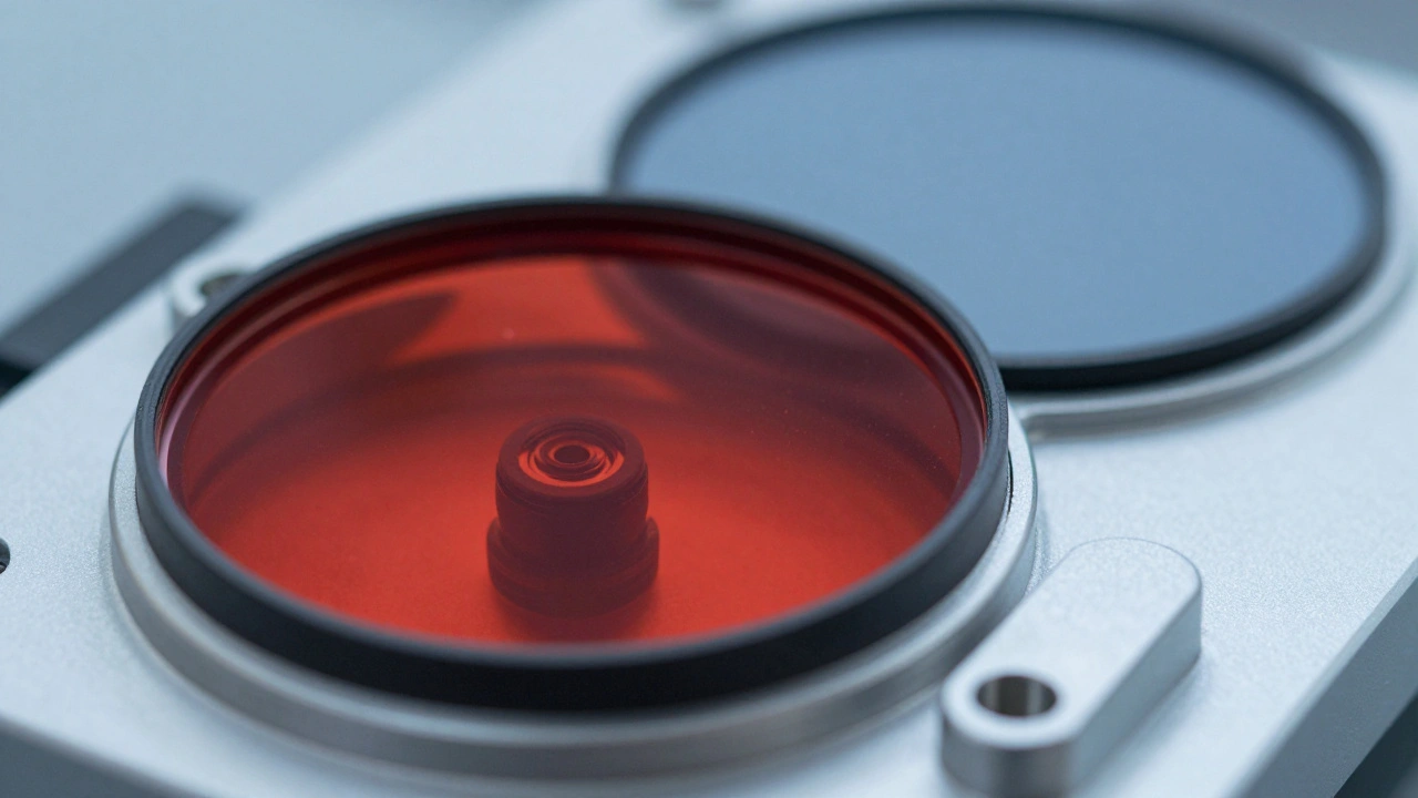 Red Johnson R filter rotating into place on an astronomical camera