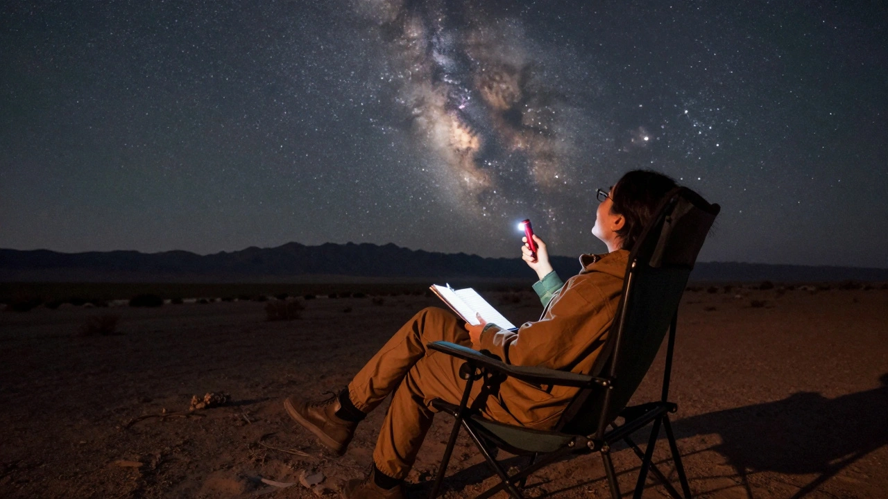 Relaxed observer in chair using red flashlight under dark Milky Way sky