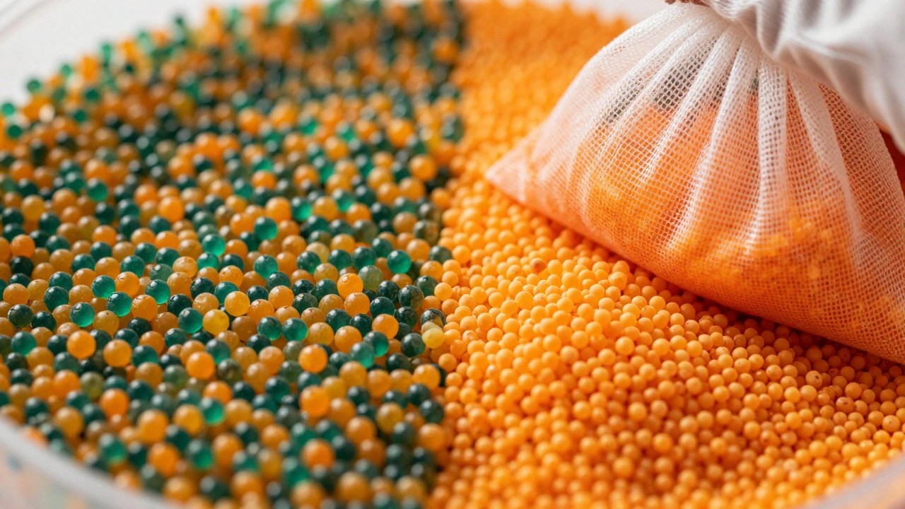 Saturated green vs fresh orange silica gel beads in macro view