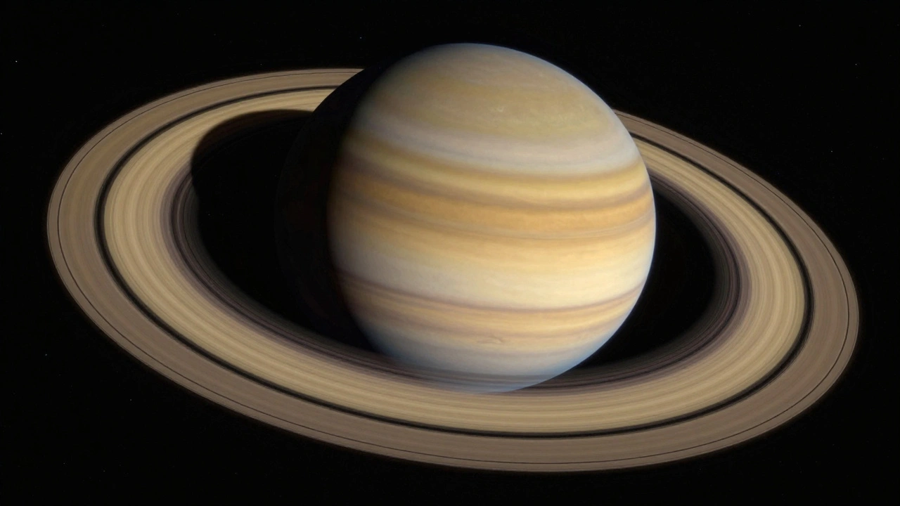 Saturn in space with clear rings and the dark Cassini Division gap visible between them.