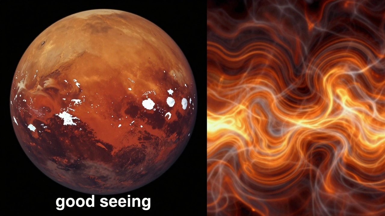 Split view showing sharp vs. blurry Mars due to atmospheric turbulence and seeing conditions.