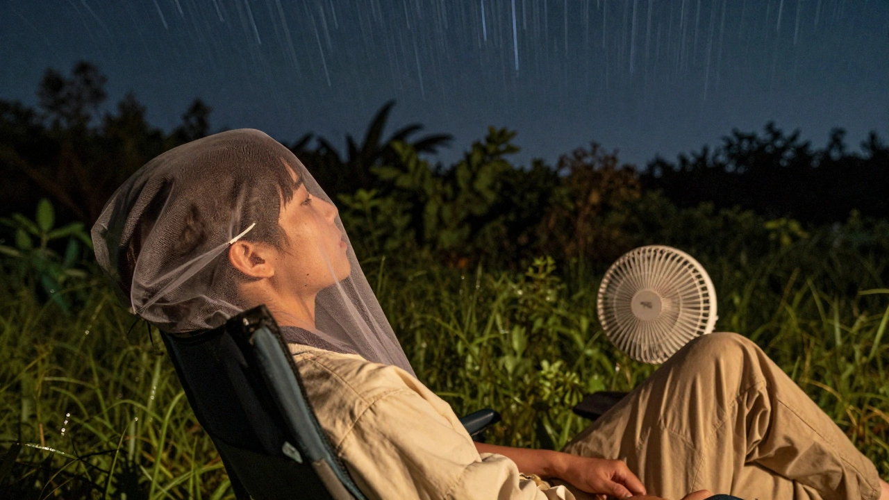 Stargazer using bug net and fan during summer shower
