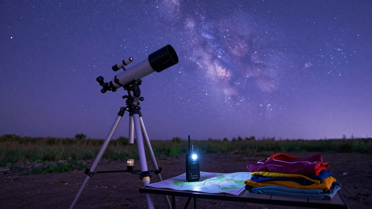 Telescope and satellite communicator set up at remote campsite under meteor shower