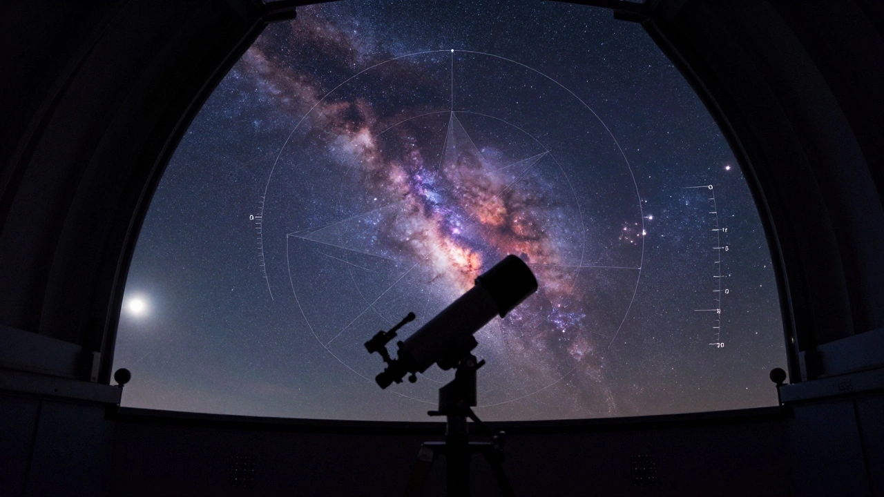 Telescope observing the Orion Nebula with geometric field of view overlay.