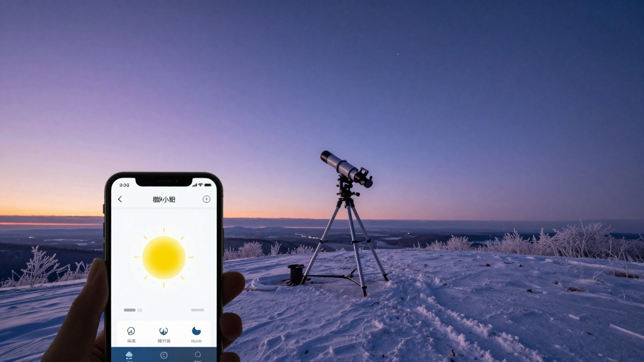 Telescope on snowy hilltop during twilight for stable observing
