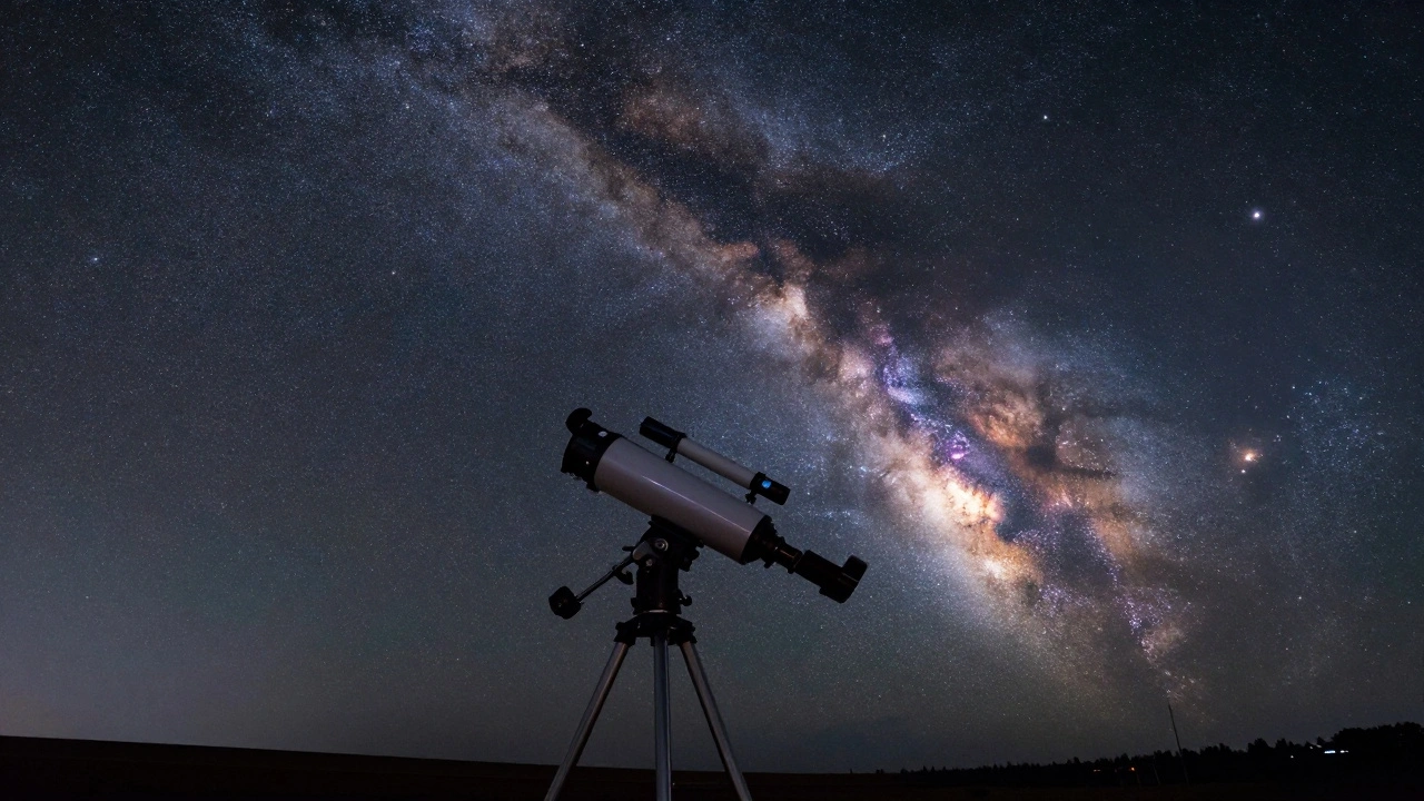 Telescope with Barlow lens pointed at Milky Way under dark night sky