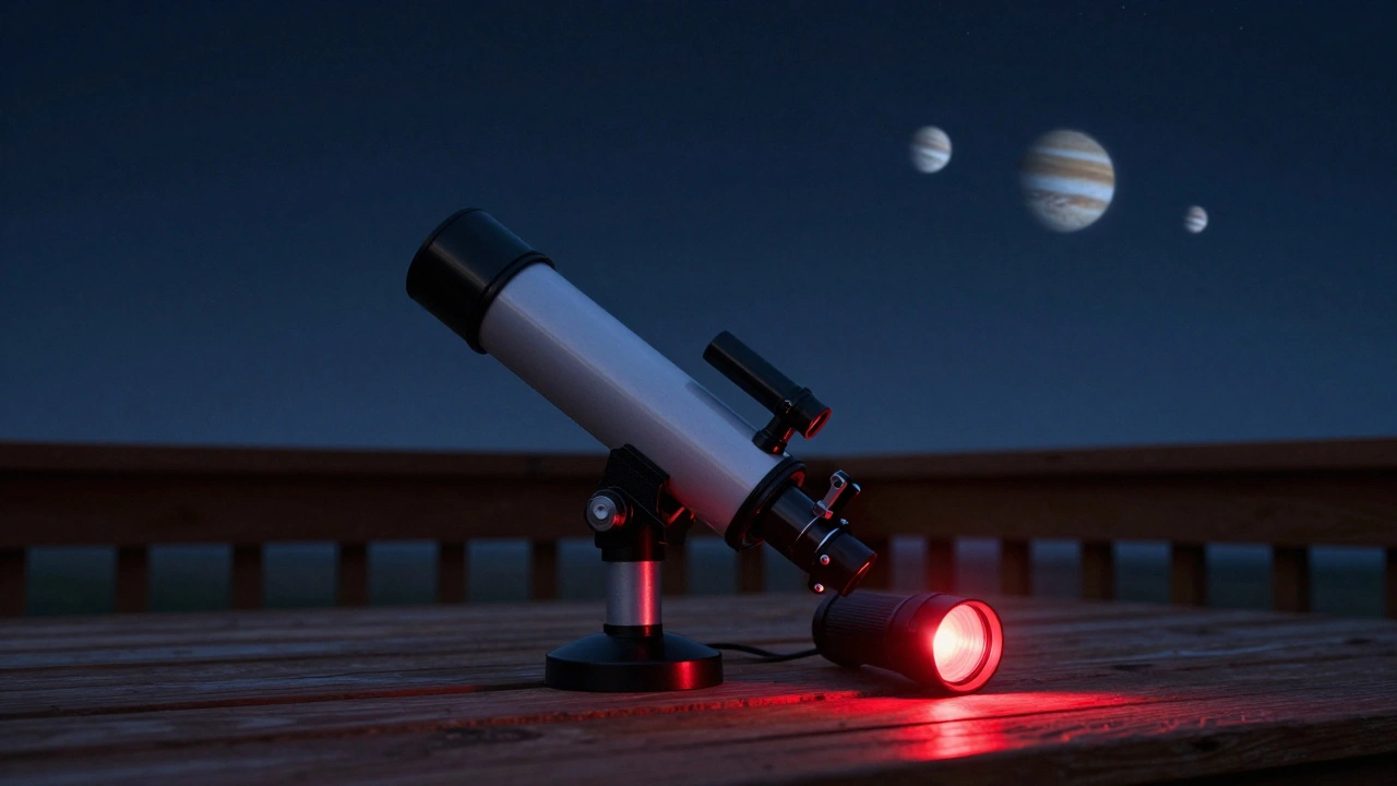 Compact tabletop telescope on a deck with a red flashlight under stars