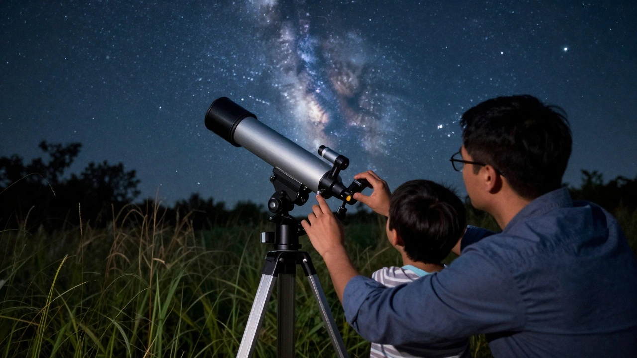 Parent guiding a child using a refractor telescope under the Milky Way