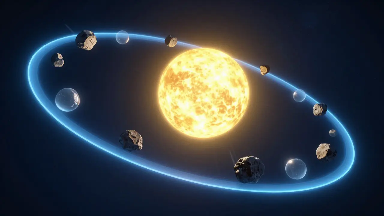 3D visualization of an asteroid's elliptical orbit around the sun with time-stamped positions