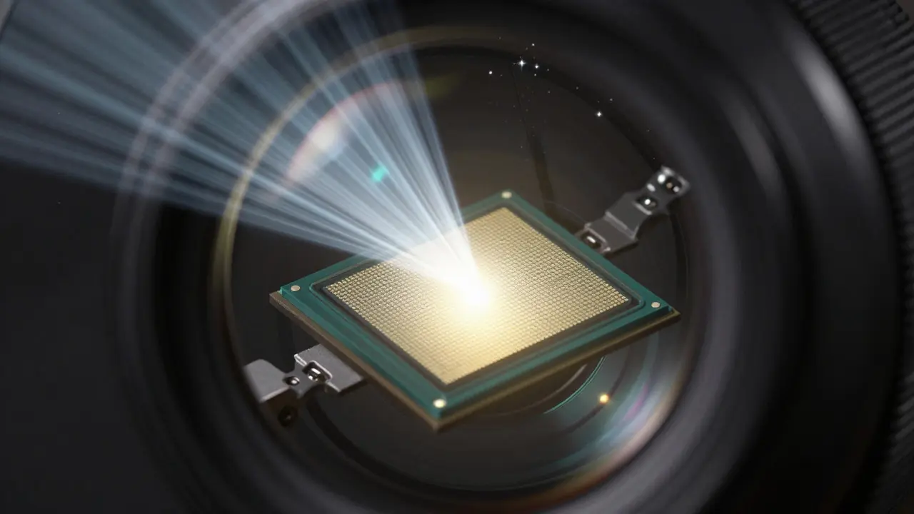 A conceptual diagram of light passing through a telescope lens onto a camera sensor